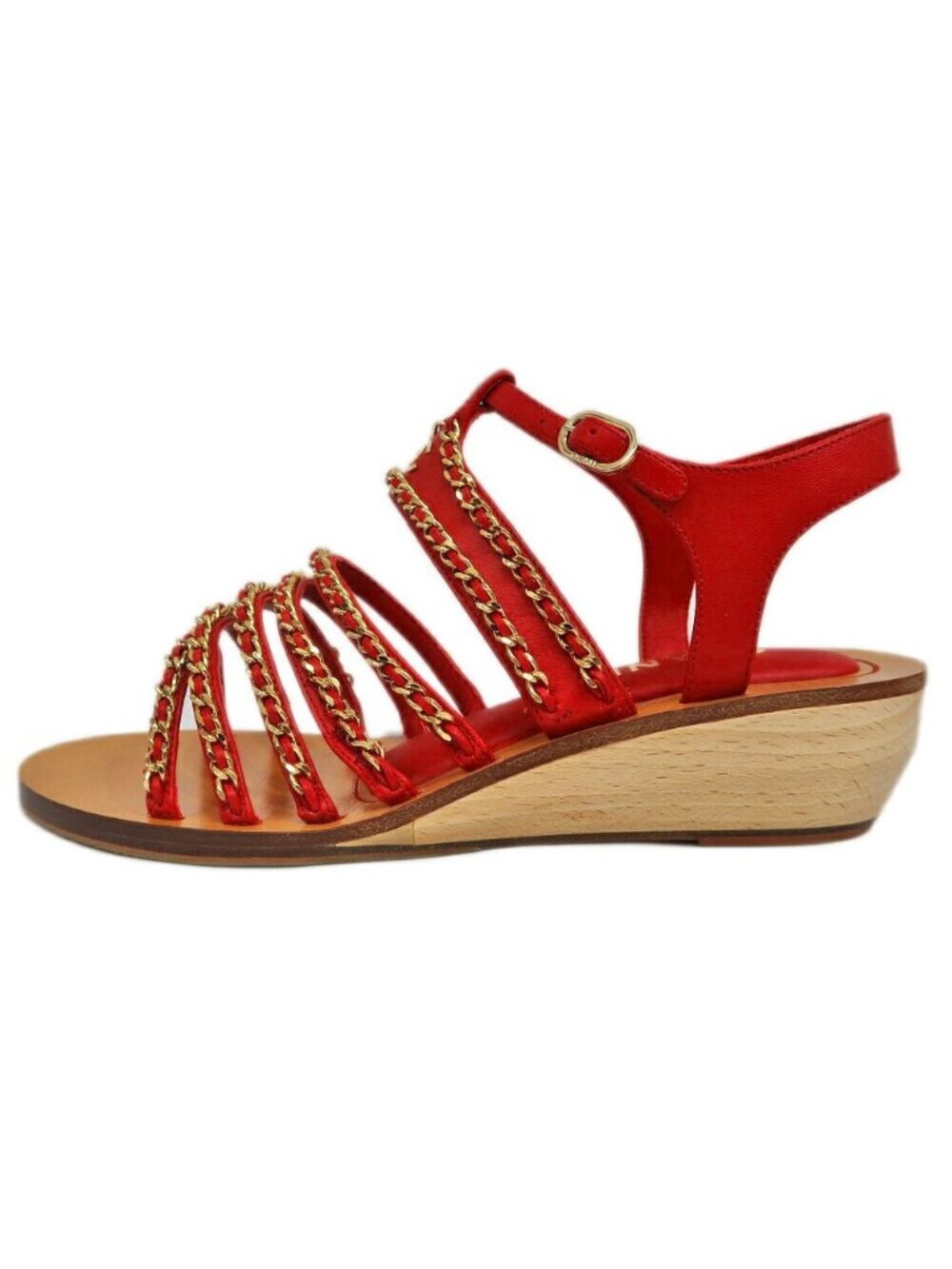 Chanel CC Logo Chain Sandals 38C Brown Red Shoes